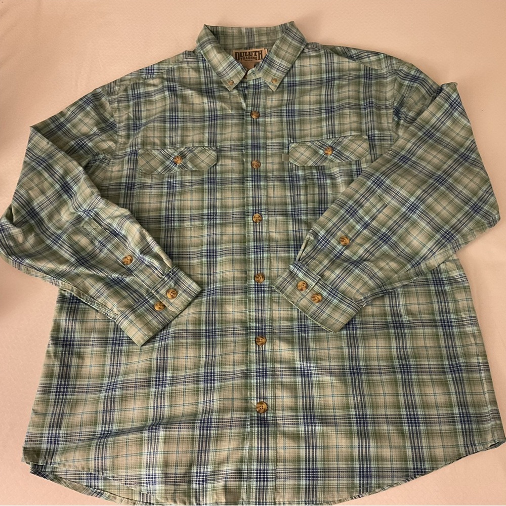 Duluth Men's Green Blue Plaid Shirt XL Button down polyester